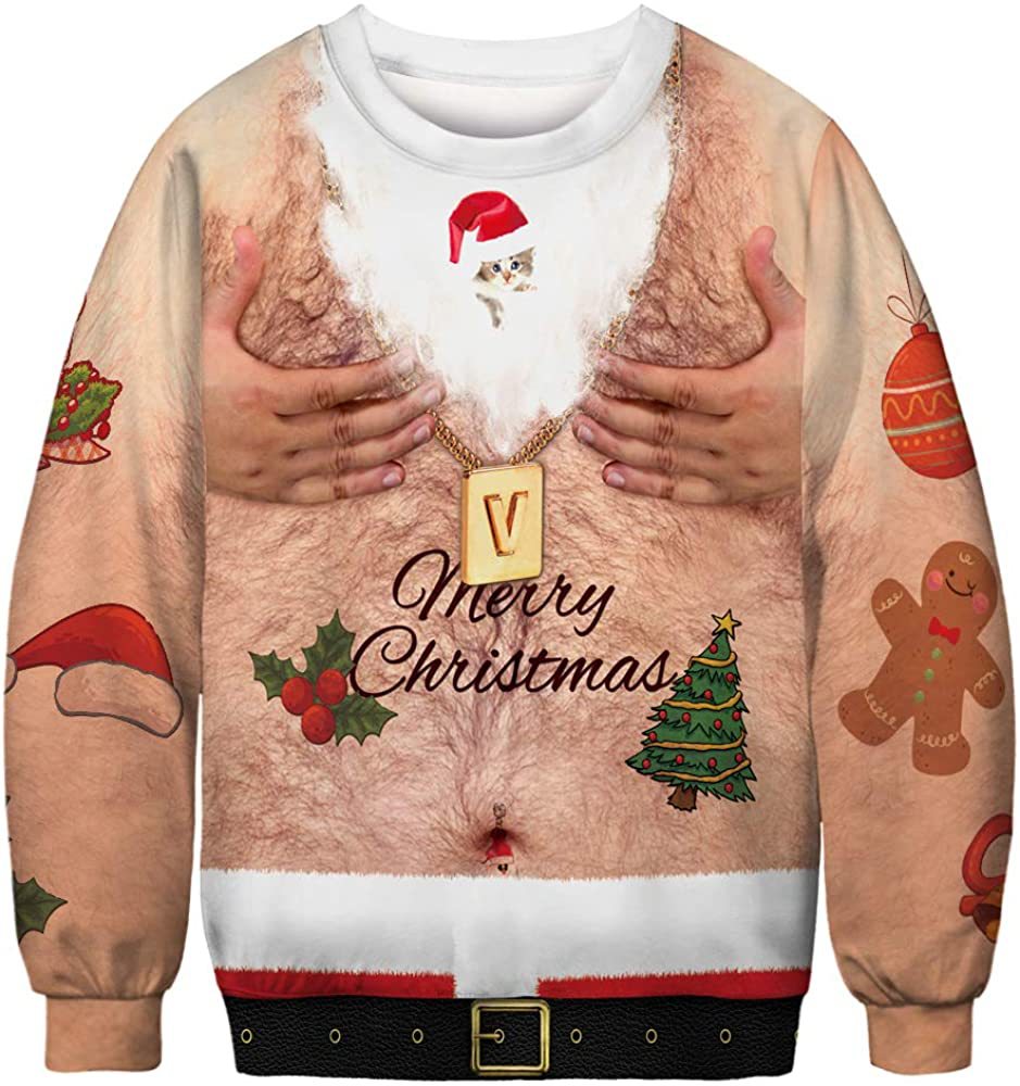 3D Printed Funny Chest Hair Couple Sweatshirt Long Sleeve Pullover Christmas Top