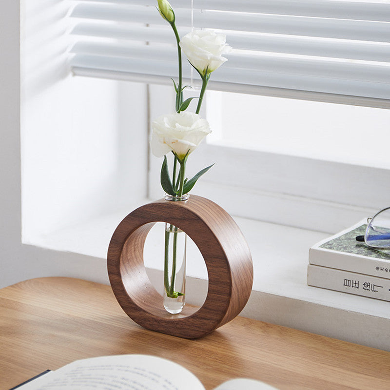 Japanese Style Solid Wood and Glass Hydroponic Flower Vase Desktop Home Decoration