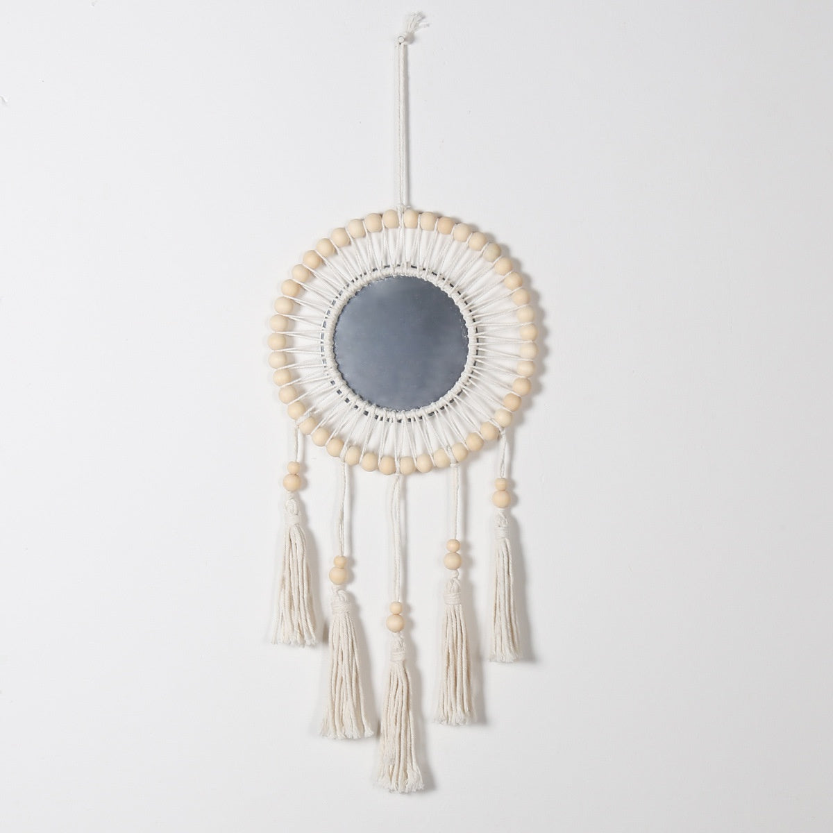 Bohemian Wooden Beads Cotton Rope Tassel Wall Mirror