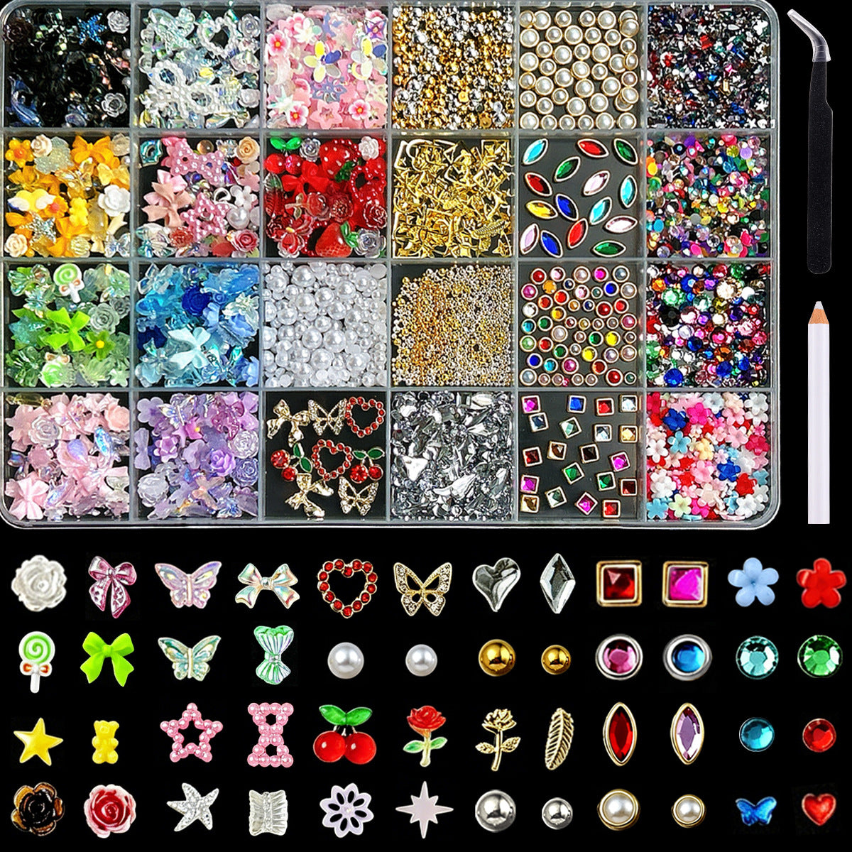 24-Grid Artificial Lily Flower Nail Art Decorations DIY Kit