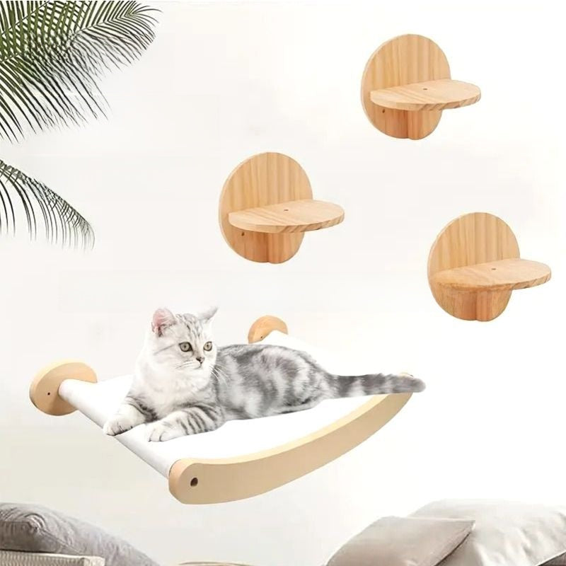 Wooden Wall Mounted Cat Hammock Climbing Ladder Shelf Set