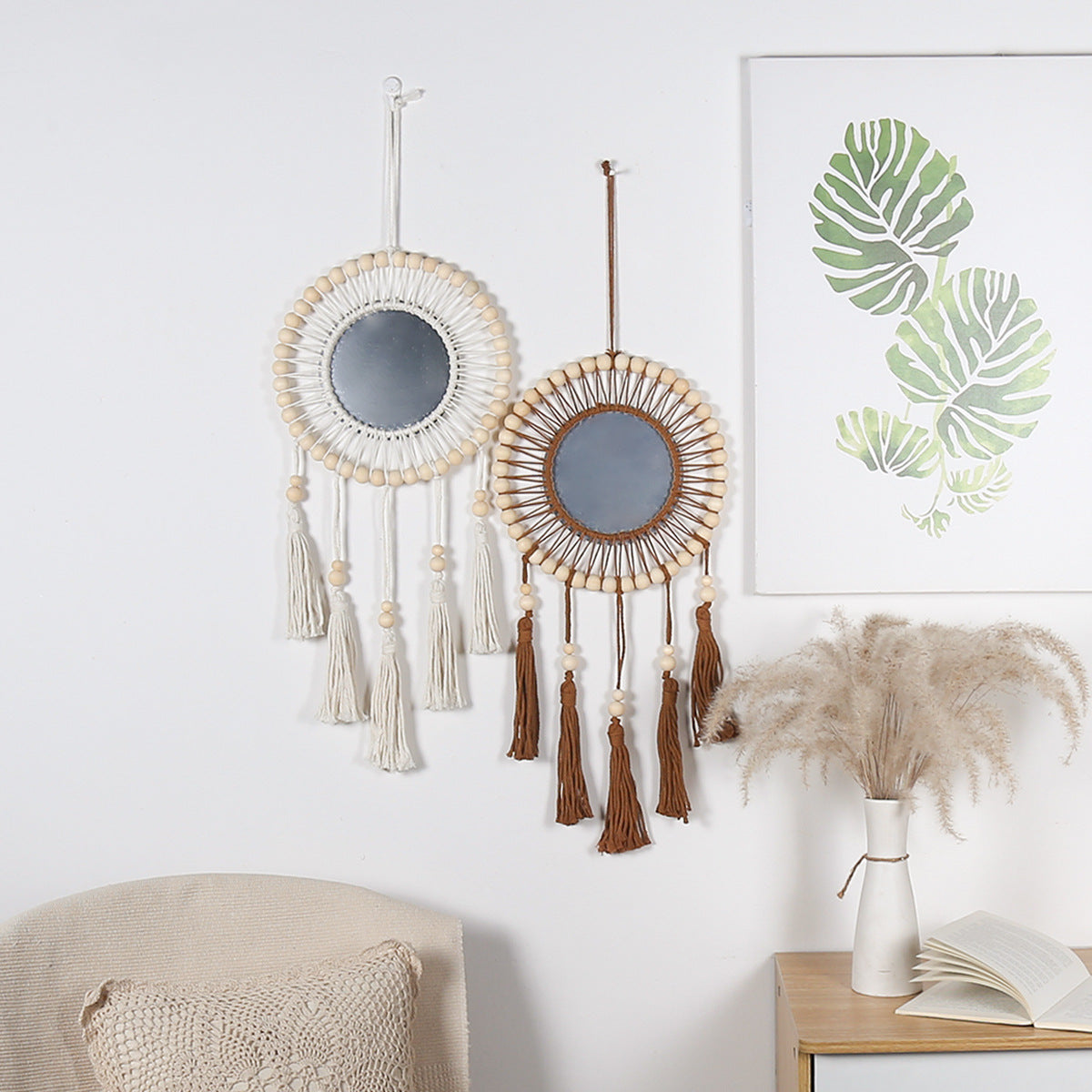 Bohemian Wooden Beads Cotton Rope Tassel Wall Mirror