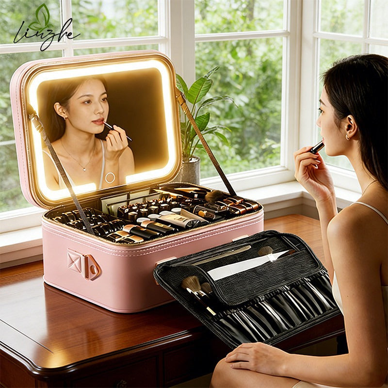 Portable LED Mirror Leather Makeup Case with Brush Set