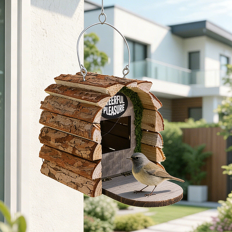 Wooden Bird House with Bark Garden Decoration