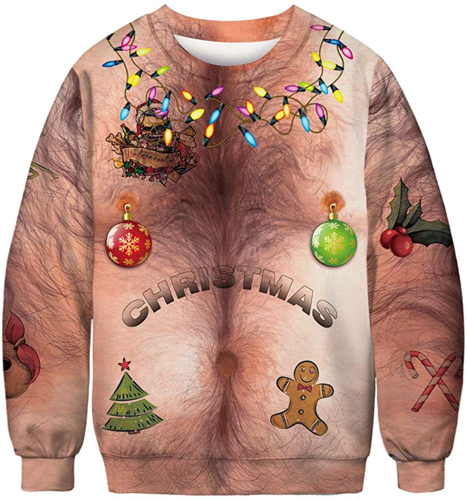 3D Printed Funny Chest Hair Couple Sweatshirt Long Sleeve Pullover Christmas Top