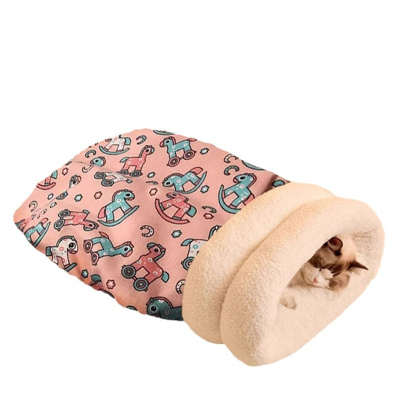 Winter Warm Plush Enclosed Tunnel Cat Bed, M Size for Cats Under 8kg