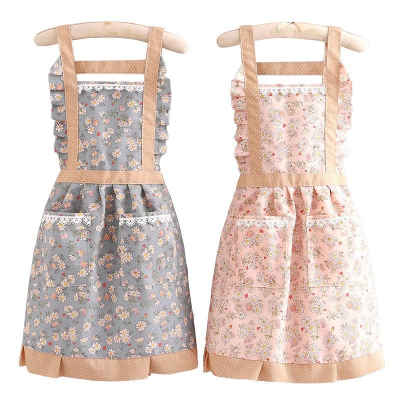Women's Breathable Canvas Kitchen Apron Floral Print Waterproof with Pocket