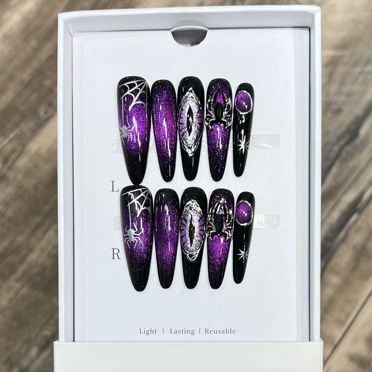 Handmade Purple Cat Eye Spider Web Wearable Nails