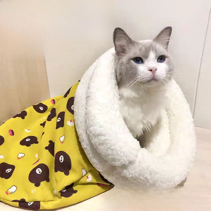 Plush Semi-Enclosed Warm Pet Sleeping Bag for Cats