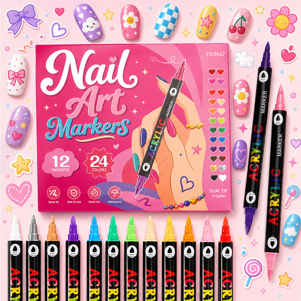 24-Color Dual-Ended Nail Art Pen Set, Quick-Dry Waterproof Acrylic Painting & Lining Tools with Soft Tips