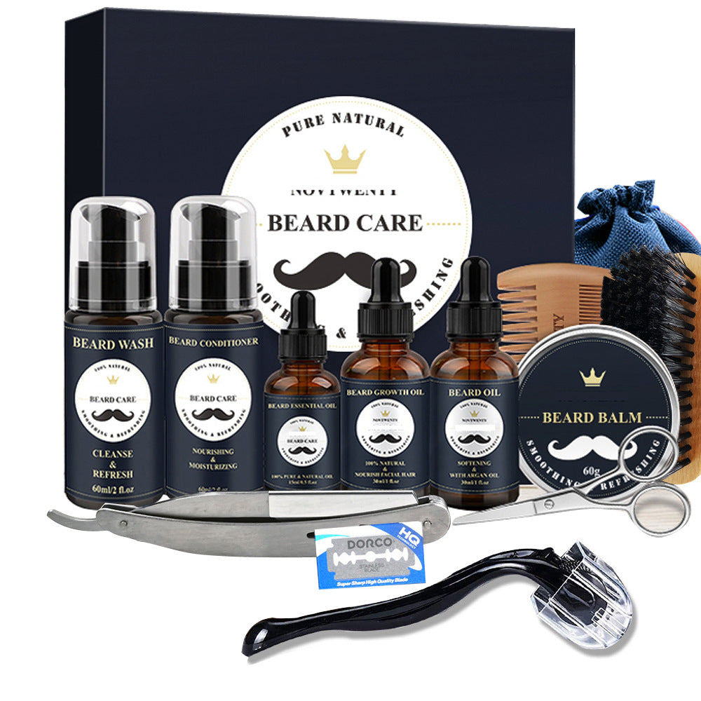 Beard Grooming Kit with Wash, Balm, Brush, Scissors, and Razor