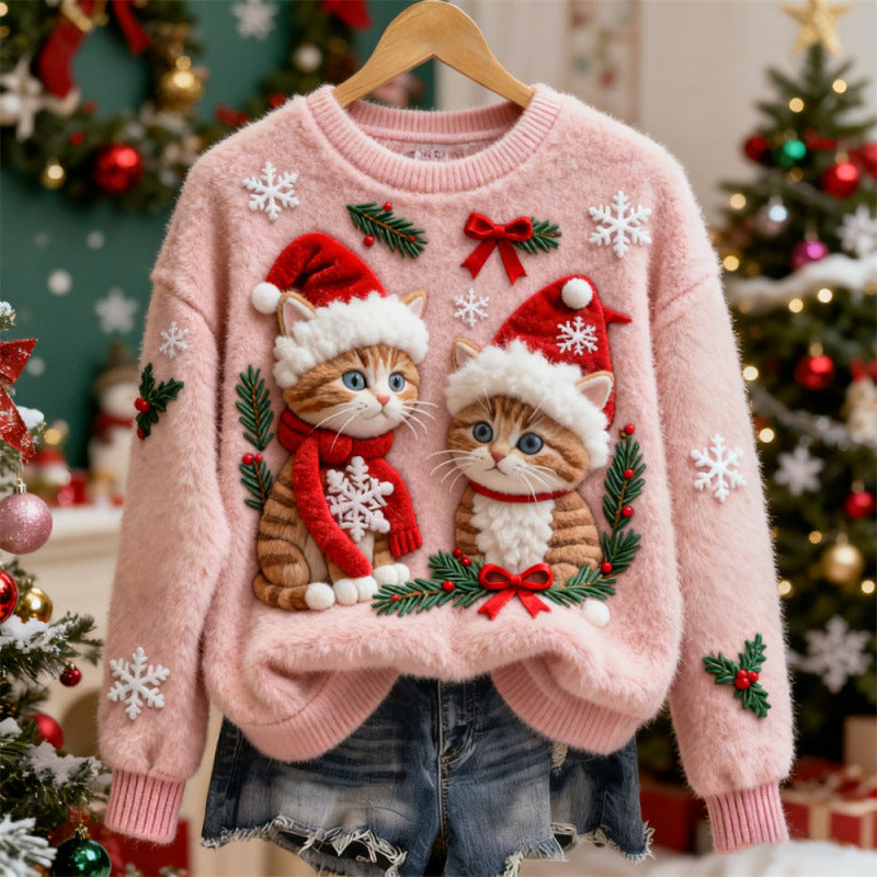 Womens 3D Printed Christmas Flannel Pullover Sweatshirt