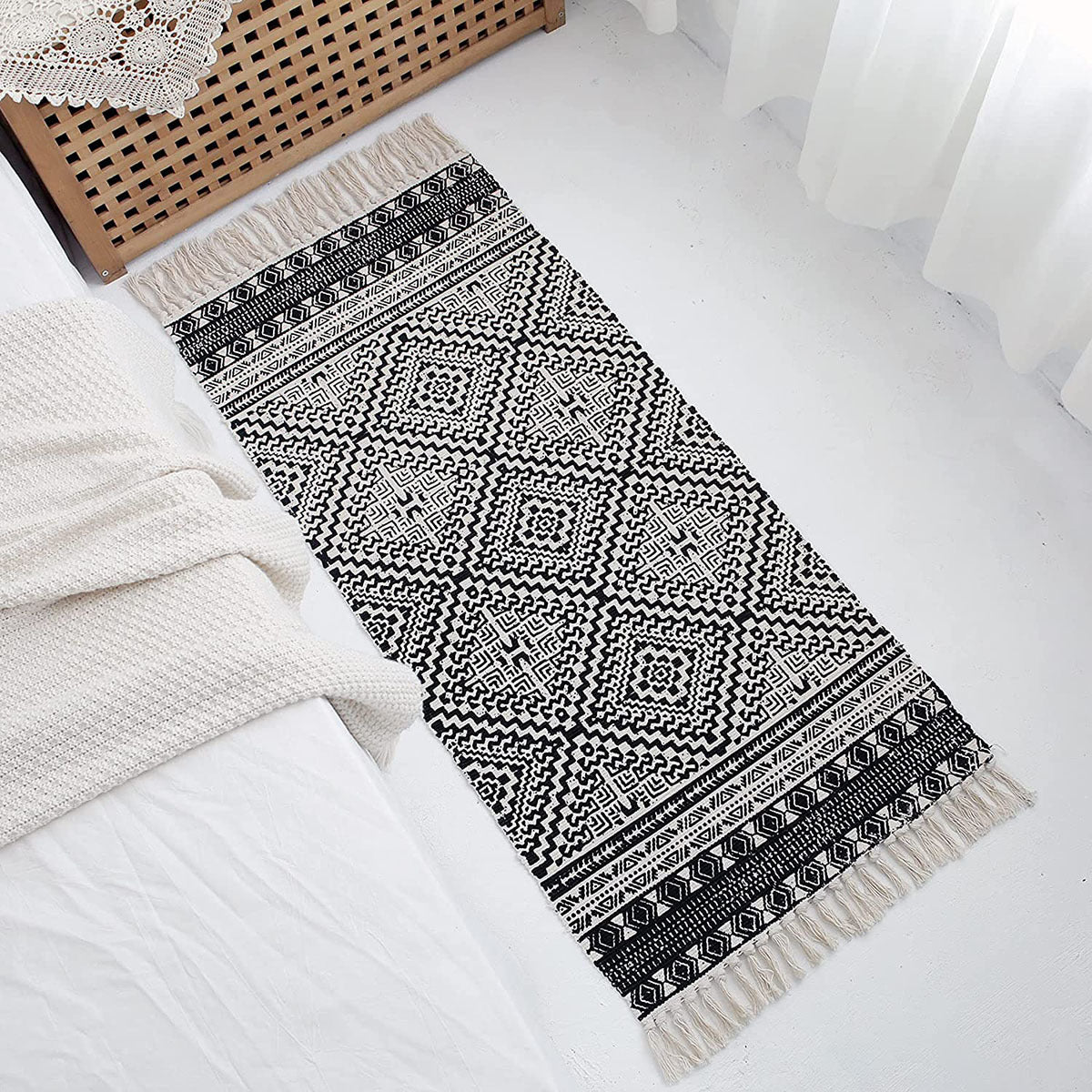 Woven Cotton and Linen Tassel Mat Bedroom Carpet Bathroom Mat