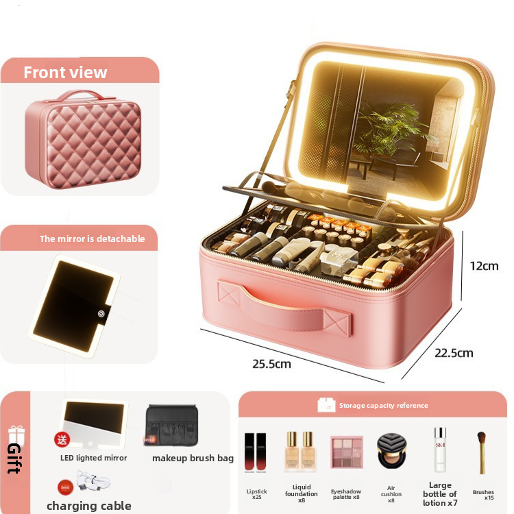 Portable LED Mirror Leather Makeup Case with Brush Set
