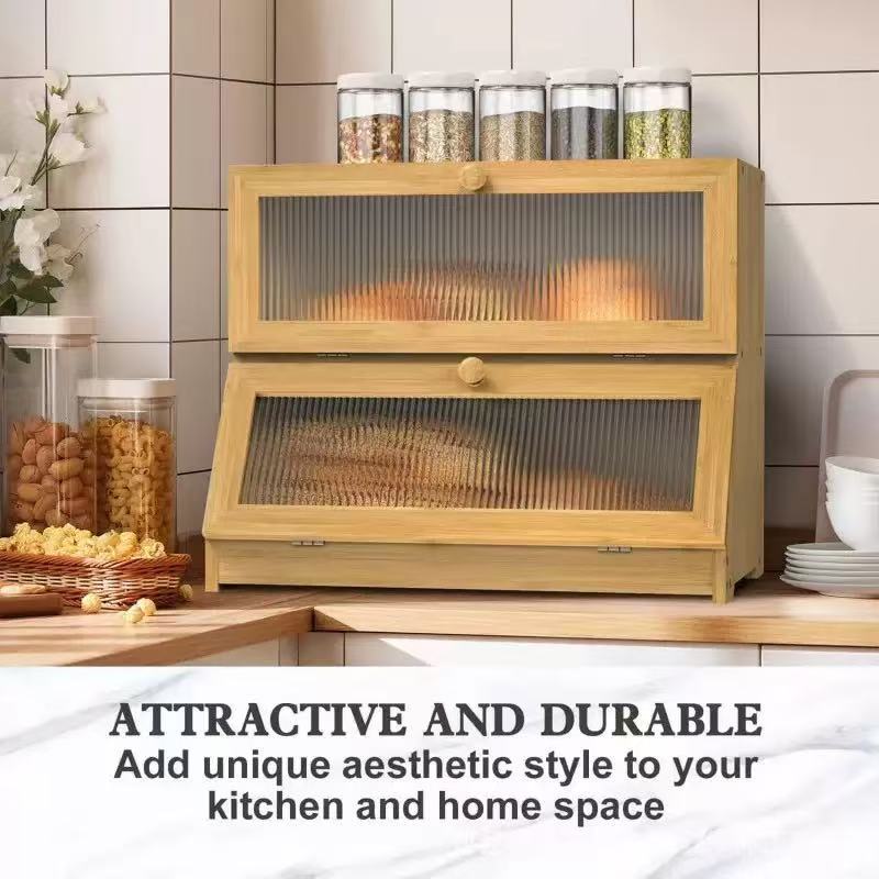 Double-Layer Wooden Bread Box with Glass Window Kitchen Cake Storage Organizer