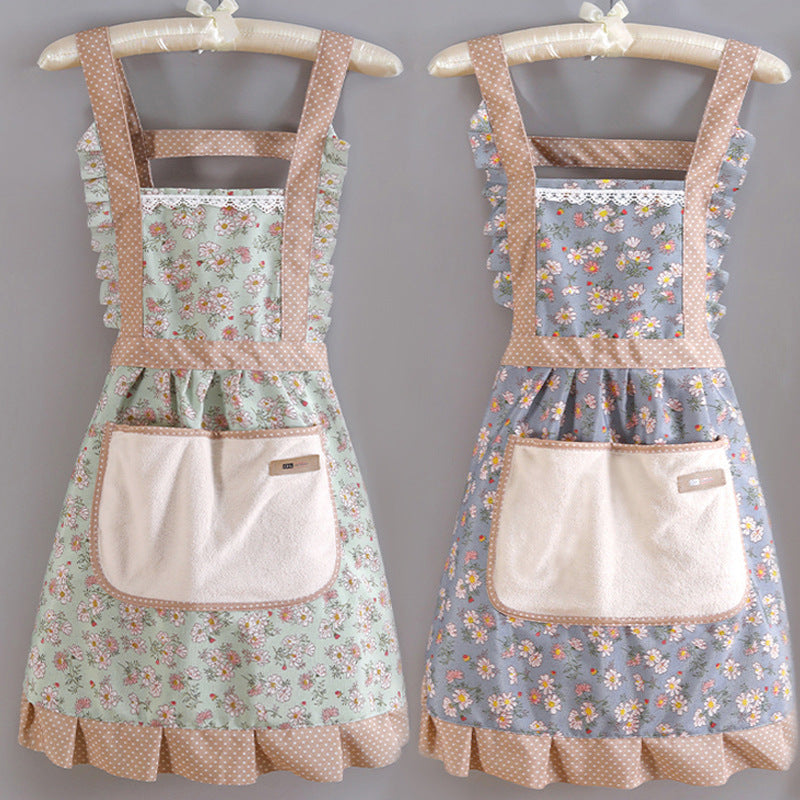 Women's Breathable Canvas Kitchen Apron Floral Print Waterproof with Pocket