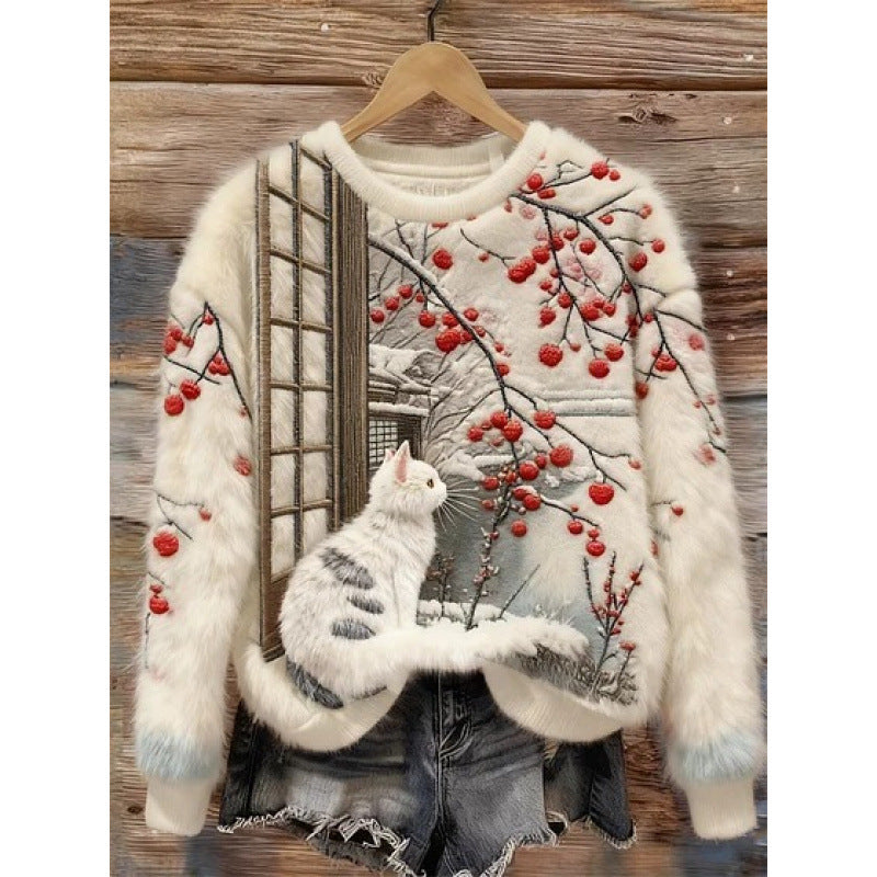 Womens 3D Printed Christmas Flannel Pullover Sweatshirt
