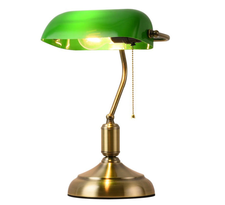 European Retro Green Glass Desk Lamp with Pull Switch Glass Shade
